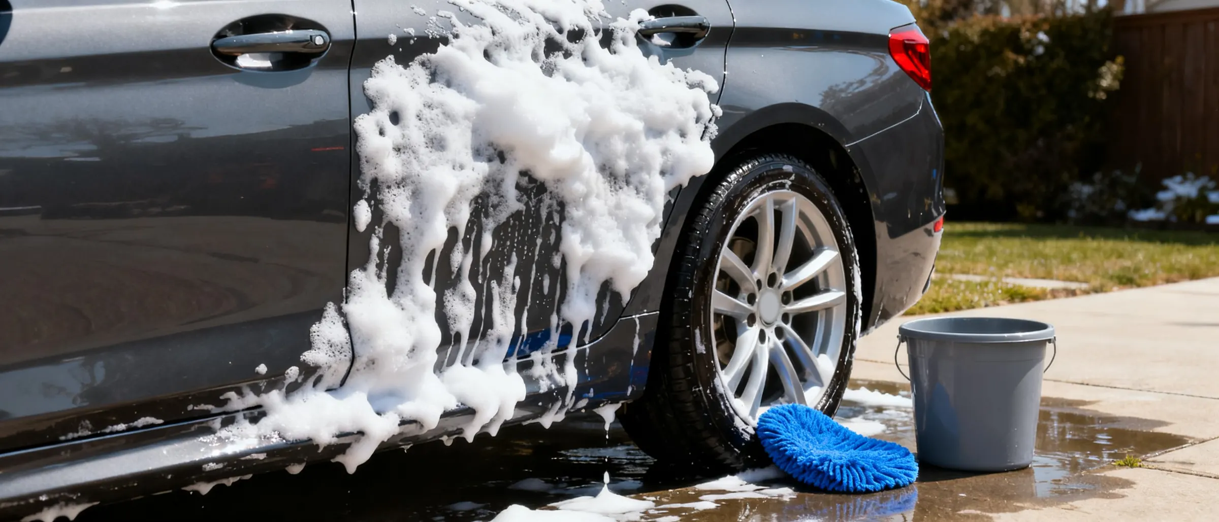 A dark grey hatchback covered in snow foam on a driveway, with a wash bucket and microfibre mitt