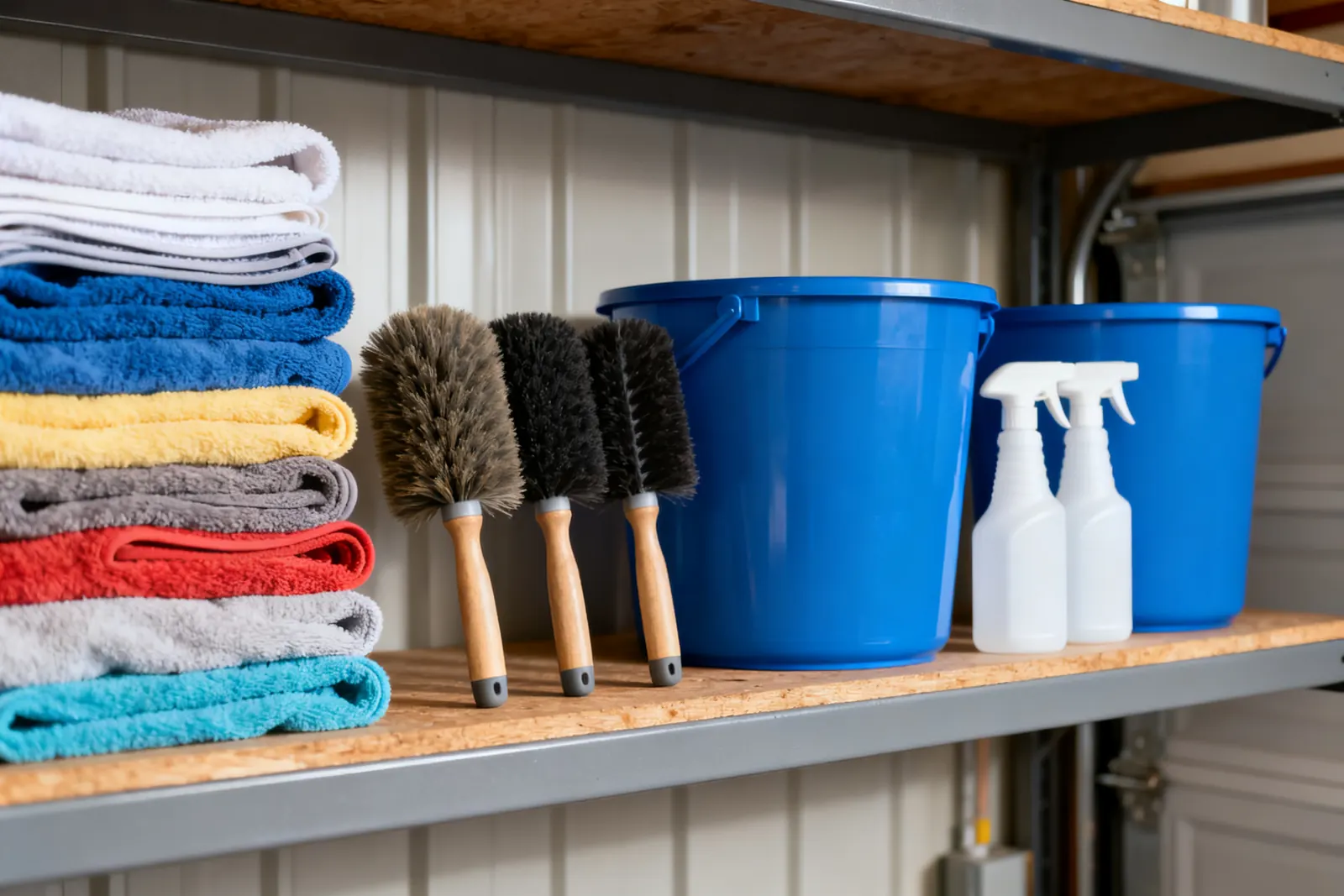 A garage shelf of microfibre towels, brushes, wash buckets and a foam lance